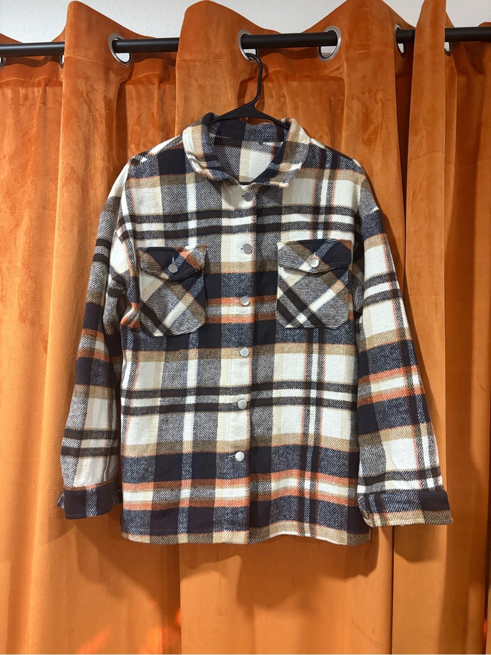 Plaid Button-Front Shacket Jacket in Cream, Navy & Brown
